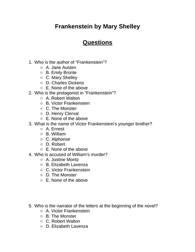 Frankenstein. 30 multiple-choice questions (Editable)