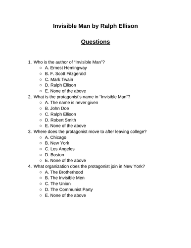 Invisible Man. 30 multiple-choice questions (Editable)