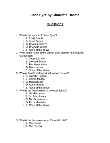 Jane Eyre. 30 multiple-choice questions (Editable)