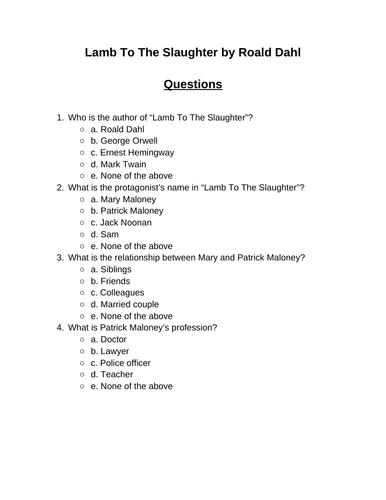 Lamb To The Slaughter. 30 multiple-choice questions (Editable)