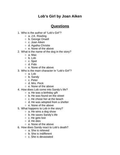 Lob’s Girl. 30 multiple-choice questions (Editable)