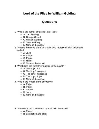 Lord of the Flies. 30 multiple-choice questions (Editable)