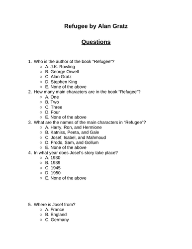 Refugee by Alan Gratz. 30 multiple-choice questions (Editable)