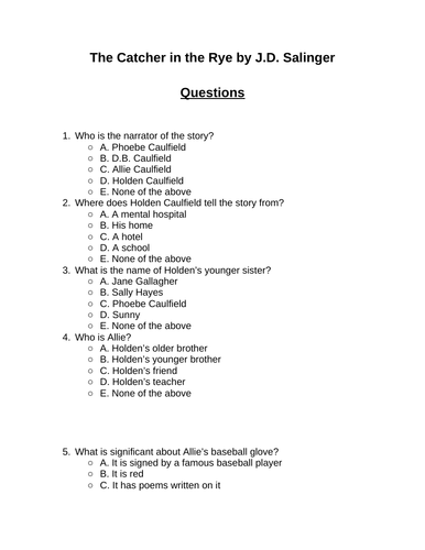 The Catcher in the Rye. 30 multiple-choice questions (Editable)