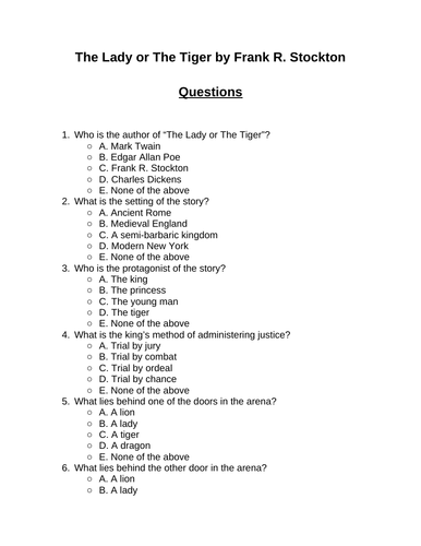 The Lady or The Tiger. 30 multiple-choice questions (Editable)