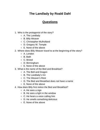 The Landlady. 30 multiple-choice questions (Editable)