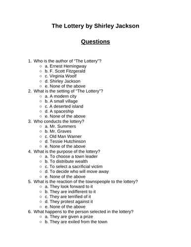 The Lottery. 30 multiple-choice questions (Editable)