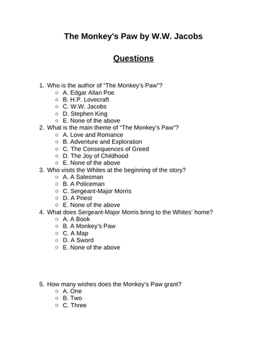 The Monkey's Paw. 30 multiple-choice questions (Editable)