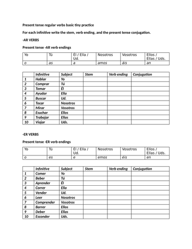 Present tense regular verbs basic tiny practice