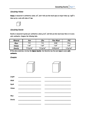 Calculating Density - Introductory Worksheet