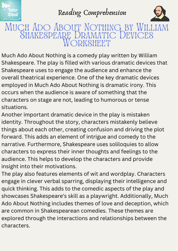 Much Ado About Nothing by William Shakespeare Dramatic Devices Worksheet