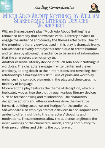 Much Ado About Nothing by William Shakespeare Literary Devices Worksheet