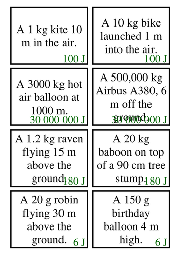 Gravitational Potential Energy Matching Card Sort