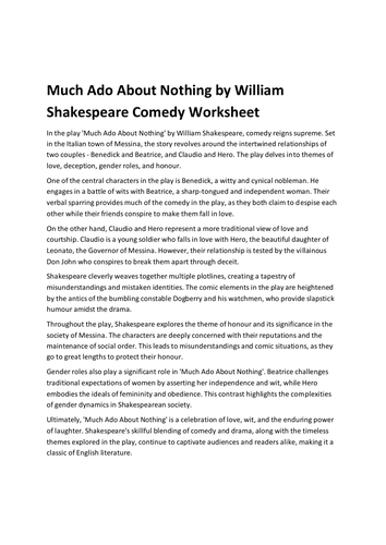 Much Ado About Nothing by William Shakespeare Comedy Worksheet