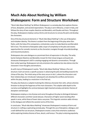 Much Ado About Nothing by William Shakespeare: Form and Structure Worksheet