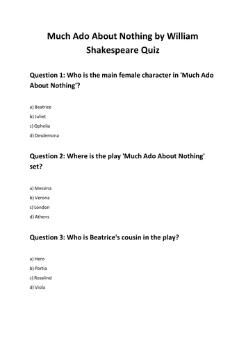 Much Ado About Nothing by William Shakespeare Quiz