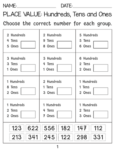 Place value number Placement worksheets: Hundreds, tens and ones ...