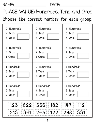 Place value number Placement worksheets: Hundreds, tens and ones