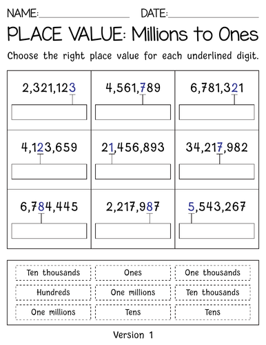 Place value worksheets: (Millions, thousands, hundreds, tens and ones) with key