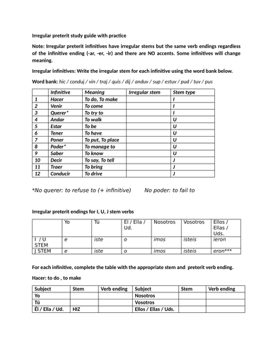 Irregular preterit study guide with practice
