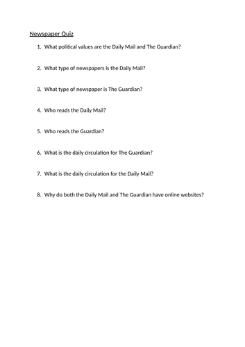 Newspaper revision questions for  OCR A level Media Studies