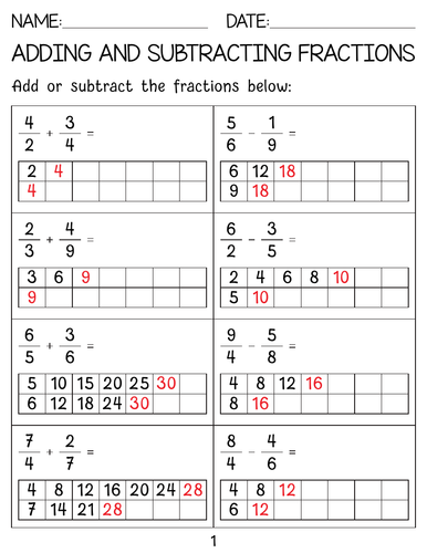 Adding and subtracting unlike fractions with different denominators worksheets