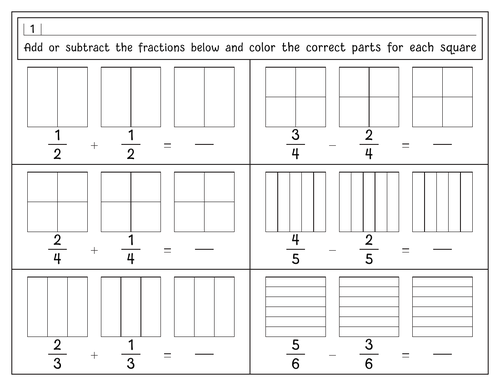 Adding and subtracting Like Fractions with common Denominators worksheets