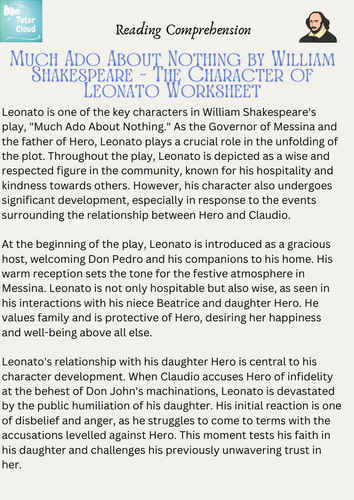 Much Ado About Nothing by William Shakespeare - The Character of Leonato Worksheet