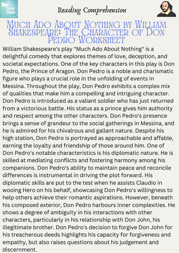 Much Ado About Nothing by William Shakespeare: The Character of Don Pedro Worksheet