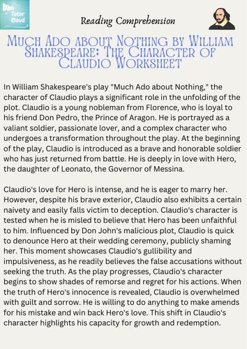 Much Ado about Nothing by William Shakespeare: The Character of Claudio Worksheet