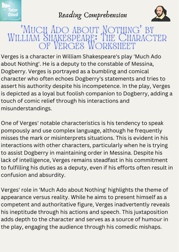 Much Ado about Nothing by William Shakespeare The Character of Verges Worksheet