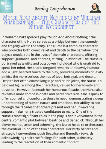Much Ado about Nothing by William Shakespeare – The Character of the Nurse Worksheet
