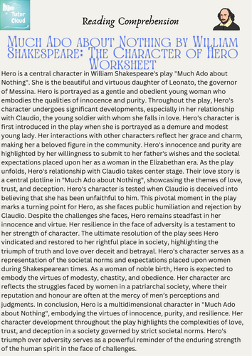 Much Ado about Nothing by William Shakespeare: The Character of Hero Worksheet