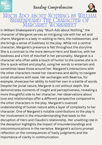 Much Ado about Nothing by William Shakespeare: The Character of Margaret Worksheet