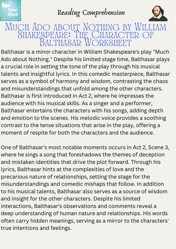 Much Ado about Nothing by William Shakespeare: The Character of Balthasar Worksheet
