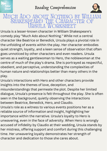 Much Ado about Nothing by William Shakespeare: The Character of Ursula Worksheet