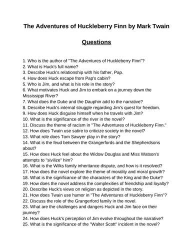 The Adventures of Huckleberry Finn. 40 Reading Comprehension Questions (Editable)