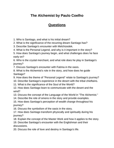 The Alchemist. 40 Reading Comprehension Questions (Editable)