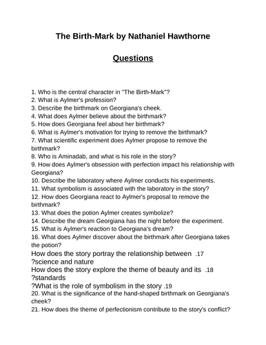 The Birth-Mark. 40 Reading Comprehension Questions (Editable)