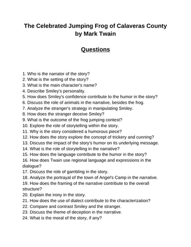 The Celebrated Jumping Frog of Calaveras County. 40 Reading Comprehension Questions (Editable)