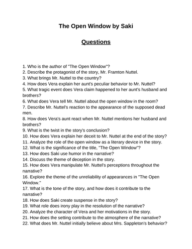 The Open Window. 40 Reading Comprehension Questions (Editable)