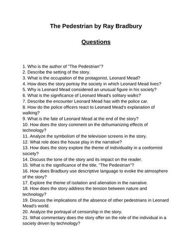 The Pedestrian. 40 Reading Comprehension Questions (Editable)