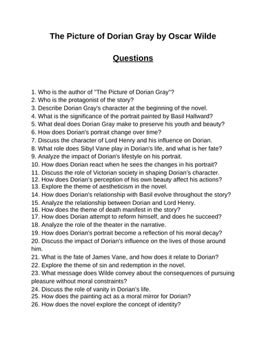 The Picture of Dorian Gray. 40 Reading Comprehension Questions (Editable)