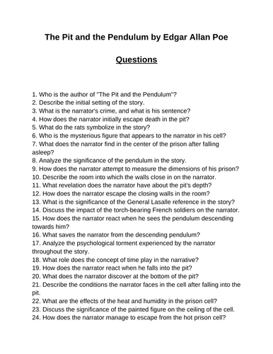 The Pit and the Pendulum. 40 Reading Comprehension Questions (Editable)