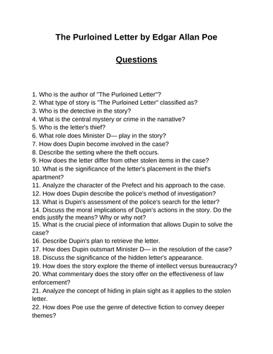 The Purloined Letter. 40 Reading Comprehension Questions (Editable)