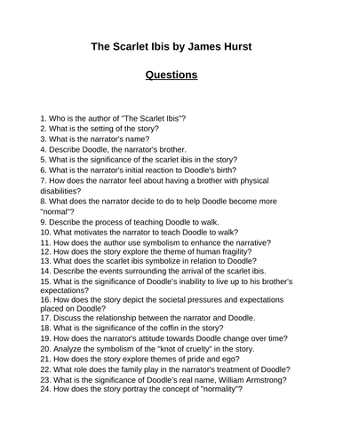 The Scarlet Ibis. 40 Reading Comprehension Questions (Editable)