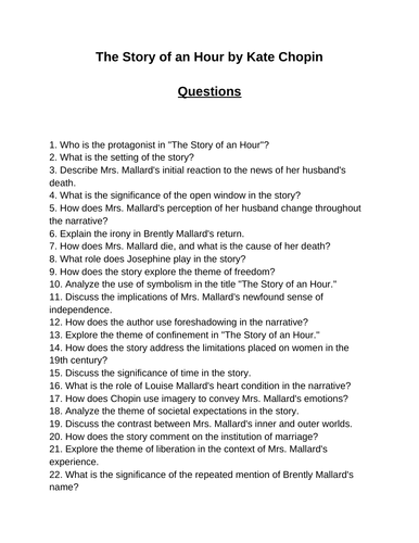 The Story of an Hour. 40 Reading Comprehension Questions (Editable)