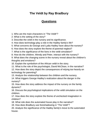The Veldt. 40 Reading Comprehension Questions (Editable)
