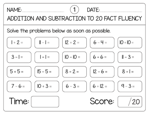 Addition and subtraction fact fluency within 20 with Answer key