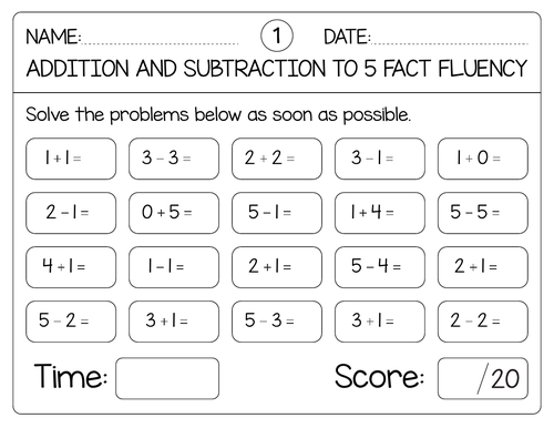 Addition and subtraction fact fluency within 5 & 10 & 20 with Answer key